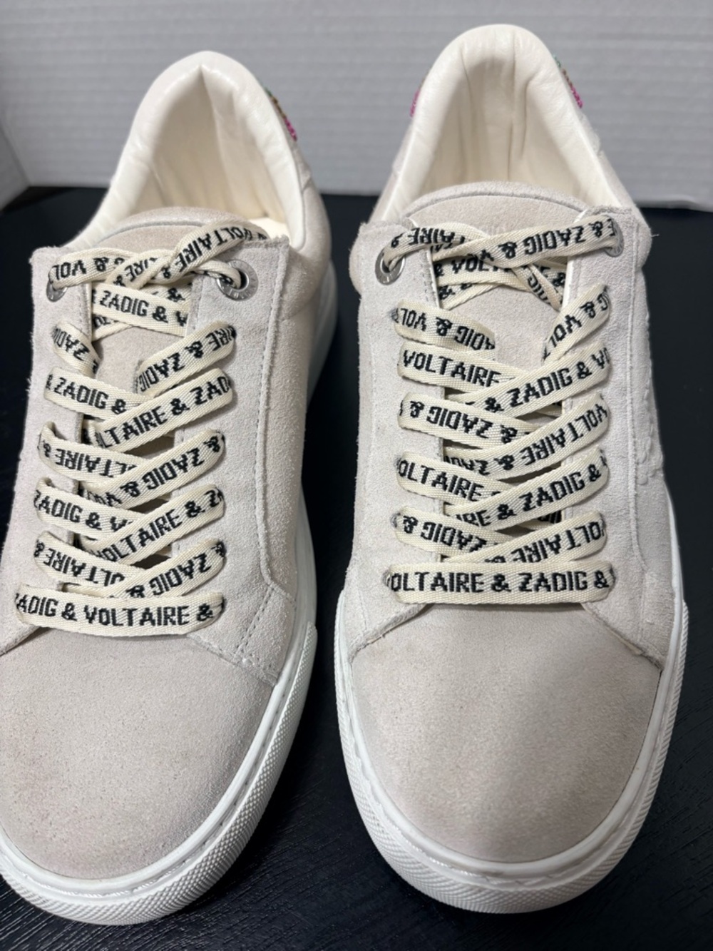 Zadig & Voltaire La Flash Cream Suede Low-Top Sneakers Beaded Back Logo Laces 39